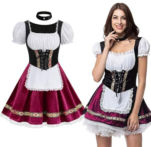 maxToonrain Oktoberfest Tenue de soubrette bavaroise en velours à manches bouffantes pour femme avec broderie formelle, bordure en dentelle, tablier et ras du cou pour Halloween, fêtes à thème et