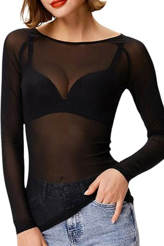 STAR FASHION Sheer Mesh Top Long Sleeve See Through T Shirt Tops for Womens Ladies Stretchy Round Neck Tee T-Shirts Black-ML