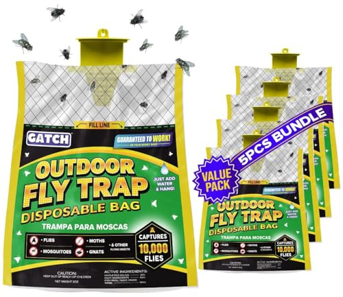 5pk Outdoor Fly Trap Bags, Disposable, Hanging Fly Catcher with Bait, Outdoor Use Fly Hunter Repellent Control Catcher Killer, Flies Trap for Barn, Farm, Mosquito, Bugs, Gnats, Ready to Use
