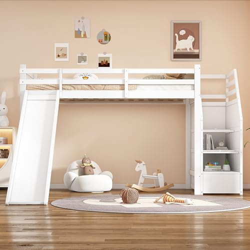 Idemon 90 x 200 cm, cama alta, cuna, con tobogán, escalera, certificado EN747, color blanco