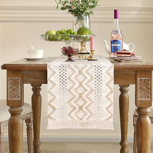 SOMYTING Beige Makramee Tischläufer, Boho Baumwoll-Leinen rechteckig gehäkelt mit Quasten für Küche Vintage Bauernhaus böhmische Hochzeit Tischdeko (Beige, 33x183cm)