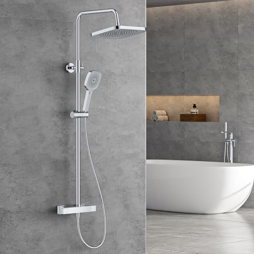 FORIOUS Duschsystem mit Thermostat,Edelstahl Duscharmatur Komplettset mit 25 cm Quadratisch-Overhead Regendusche,90-125cm Höhenverstellbare Duschstange, 3 Strahlarten ABS Handbrause Chrom