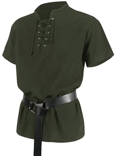 Velcoxplay - Camisa medieval para hombre con cordones, camisa pirata, túnica vikinga, disfraz steampunk retro renacentista gótico de Halloween con cinturón, verde, L