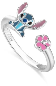 Disney Anillo Stitch y Flores de Hibisco en Plata 925 con Precioso Esmalte de Colores, Tamaño Ajustable, Apto para Mujeres y Niñas, Listo para Regalar, Joyas Oficiales
