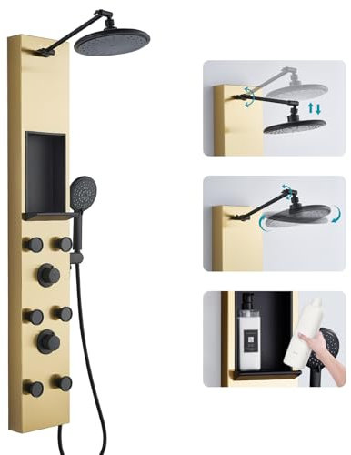 KEOKBON Pannello doccia dorato 3 in 1 con ripiano e altezza regolabile 20 cm, colonna doccia con 6 ugelli per il corpo, doccetta per vasca, sistema doccia, pannelli doccia in oro spazzolato e nero