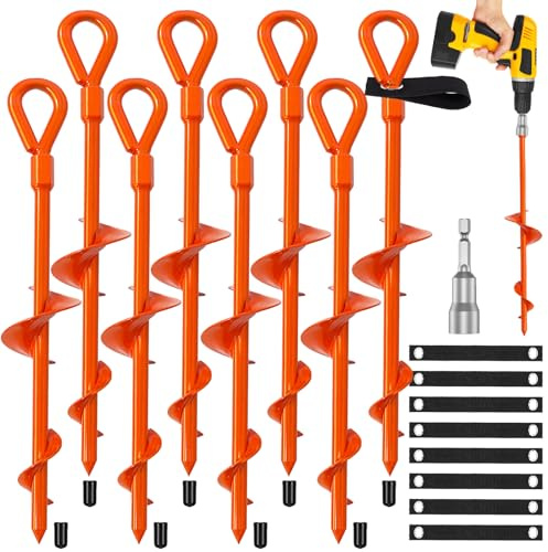 Dongxw Ground Anchors, Shed Anchor Kit - 15 Inch, 4-Pack Spiral Stakes, Ground Anchors Heavy Duty - Strong Wind Resistant for Camping Tents, Carports, Swing Sets, and Canopies - Earth Anchors (Orange)