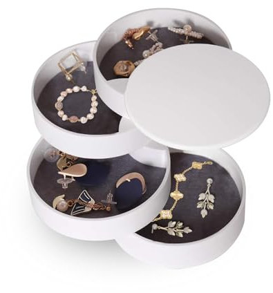 ROEOWENE Schmuckaufbewahrung Rund Drehbar Schmuckkästchen Klein Schmuckkasten Mädchen Damen 4 Ebenen Schmuck Organizer Box Jewelry Schmuckschatulle Schmuckdose für Ringe, Ohrringe, Halskette-weiß