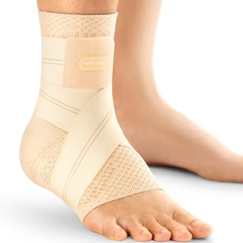 WHCOOL Flat Knitting Ankle Brace for Women&Men, 7-Zone Dynamic Compression Sleeve w/Flex Strap,Foot Support for Sports, Sprained Ankle, Achilles Tendonitis, Plantar Fasciitis Relief(Pack of1) S,Nude