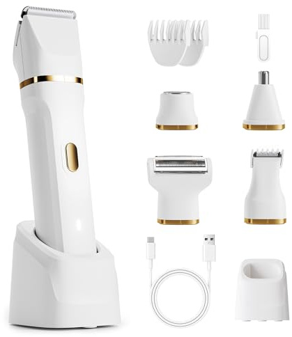 jianyana Rasierer Damen, 5-In-1 Intimrasierer für Frauen IPX7 Wasserdicht Damenrasierer Elektrisch Gesichtshaarentferner Auswechselbare Klingenköpfe für Gesicht Beine Achseln Nase und Augenbrauen