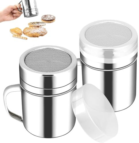 SoeUyd 2 Pezzi Spargi Zucchero a Velo, Spargi Cacao in Polvere, Spargizucchero in Acciaio Inox con Coperchi, Spargi Zucchero a Velo e Cacao, per Cuocere e Cucinare, per il Ristorante di Famiglia