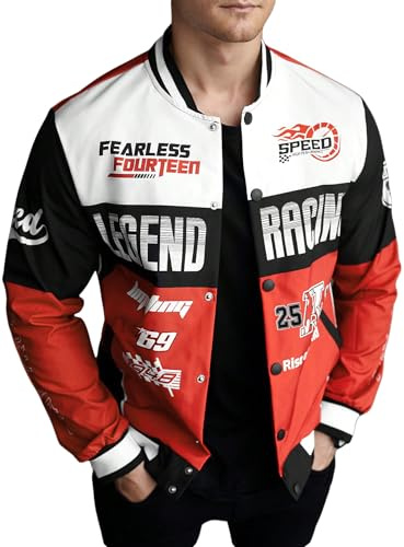 SOLY HUX Mens Racing Jacket Button Down Graphic Varsity Jackets Car Racing Jacket Men Motorcycle Outerwear Streetwear Red Multi Small