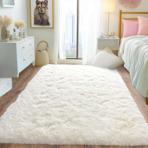 OuTanTe Tapis à poils longs pour salon 120x160cm, crème, moelleux, doux, pour chambre à coucher, moderne, plüche, tapis de salon, protège-lit, tapis à haute pile antidérapant pour chambre d'enfant