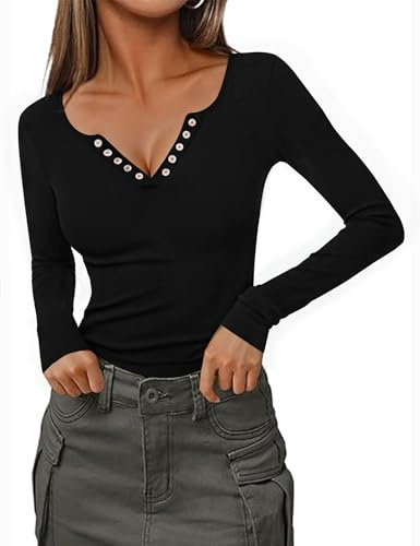 Totatuit Camiseta Mujer Escote en V con Aro Decorativo Tejido Acanalado de Algodón Elástico Corte Ceñido y Sensual Negro，S