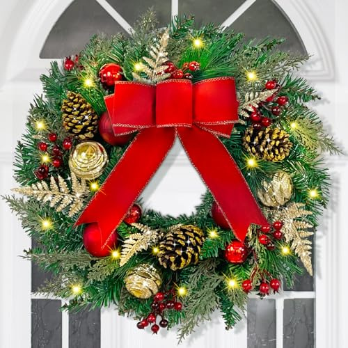 Christmas Wreath with Lights - 16 Christmas Wreaths for Front Door with Red Bow, Christmas Door Wreath with Balls Berries & Pine Cones for Home Wall Indoor Outdoor Xmas Decor