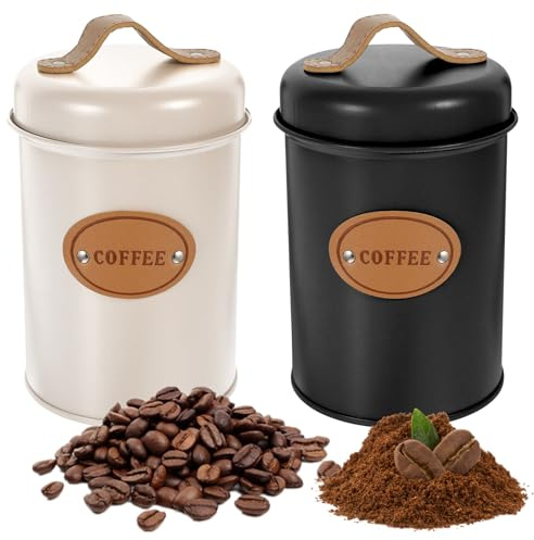 SUNOYA 2 latas de café herméticas, 1200 ml, cápsulas de café, recipiente para granos de café, recipiente de cristal sellado con mango de piel, lata de café para café, té, azúcar, cereales, negro y