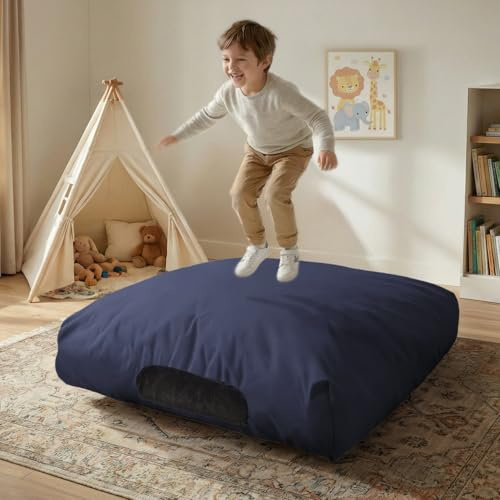 Matini Sensory Crash Pad for Kids & Adult – Crash Mat with Foam Blocks, Waterproof Cover, Non Slip Bottom, Soft Fabric Sensory Pads, Landing Mat for Jumping, Relaxing & Play - 48 x 48 (Dark Navy)