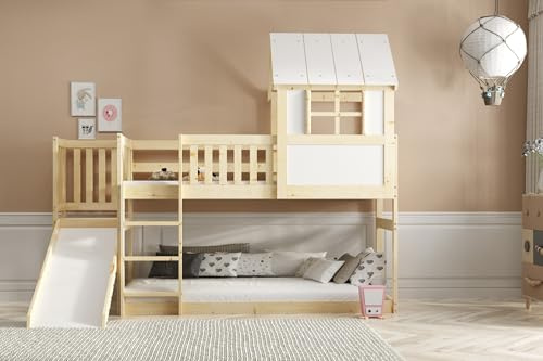 Interbeds Lit Superposé Cabane pour Enfants 90x200 cm – Mezzanine avec Toboggan et Echelle, Bois Massif de Pin Naturel, Écologique, Barrière de Sécurité, Sommier Inclus, sans Matelas, Toit Maisonette