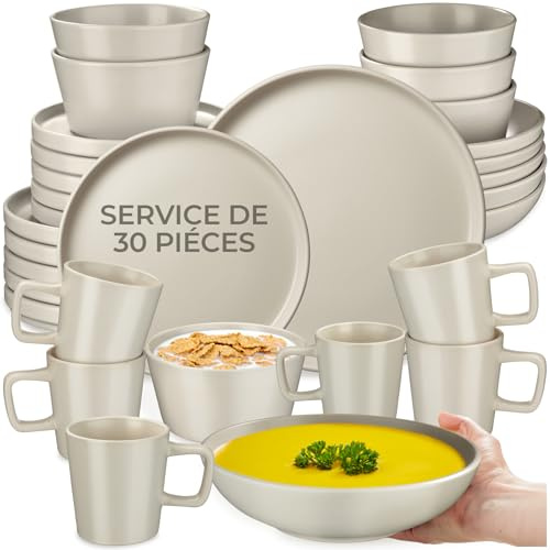 tectake® 30-tlg. Kombiservice, Geschirrset, Tafelservice 6 Personen, Steingut Geschirr Set, Teller Set mit Schalen, Kaffeetassen, Speiseteller, Frühstücksteller, tiefe Teller und Schüsseln - taupe