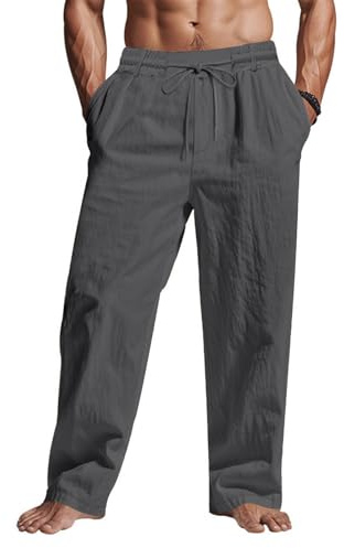 Puimentiua Men Casual Cotton Linen Pants, Elastic Drawstring Waist Summer Trousers Loose Fit Lightweight Beach Lounge Pants (L, Dark Grey)