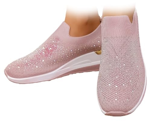 Kvinnors andningsbara nät strass sneakers casual slip-on bling tennisskor glittrande bågstöd uppklädd kil sneaker, Rosa, 37 EU