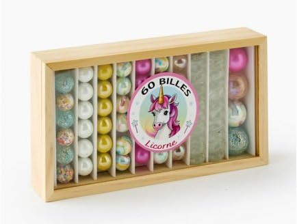 cavernedesjouets Coffret 60 Billes Licornes, Verre Colore - calots, pepites, Plates et Rondes - Multicolore, Rare - Jouet Enfant, Fille - Set Jeu recre et 1 Carte