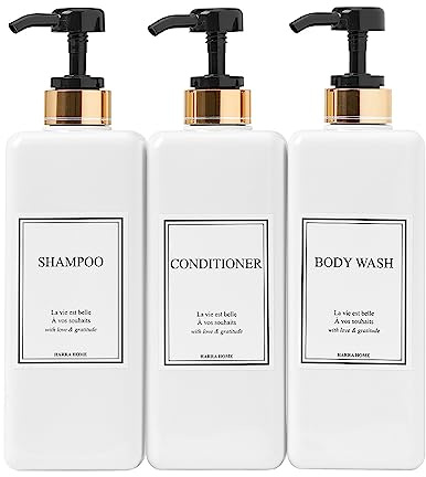 Shampoo and Conditioner Dispenser - Modern Gold Design Large 27oz Shower Soap Dispenser Set of 3, Refillable Empty Plastic Pump Bottles for Bathroom, 6 Waterproof Labels Included, Black