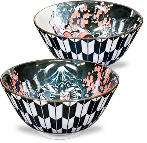 Mino Ware Japanese Rice Bowl, Rice Ramen Noodle Soup Sarada Pasta, Kabuki Design Chawn, 2.5 inch 8.4oz, Set of 2