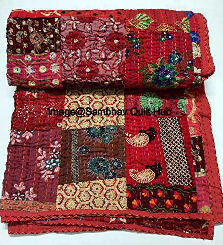 Coperta in seta vintage realizzata a mano, stile Sari Jari, patchwork, Khambhadiya Kantha, reversibile, per letto matrimoniale, king size, colore rosso, 274 x 274 cm