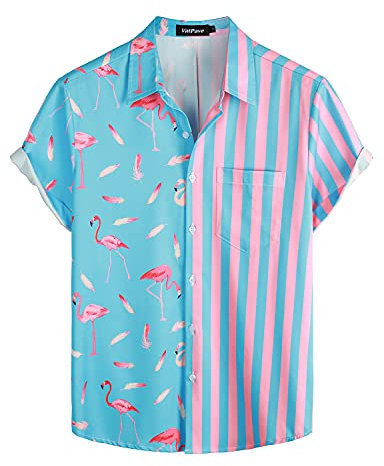 VATPAVE Herren Flamingo Hawaii Hemd Männer Freizeit Kurzarmhemd Sommer Strandhemd Blumen Hemden Klein Blau Flamingo