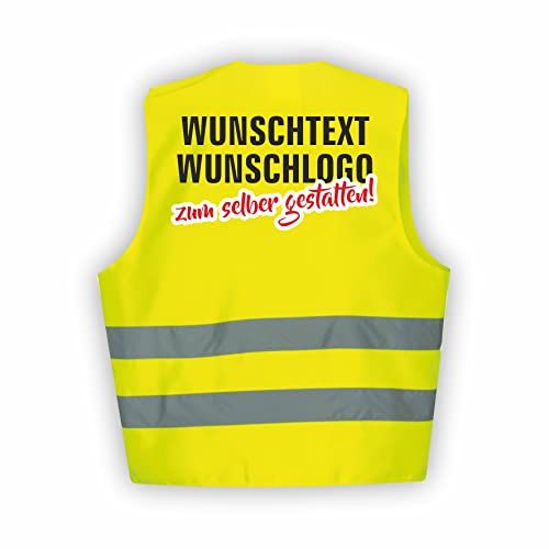 Fassbender-Druck WARNWESTEN - personalisierte Sicherheitsweste GELB Warnweste EN ISO 20471 / Wunschtext oder Logo//Text nach Wunsch - Warn Weste bedruckt und hochwertigen Reflektorstreifen