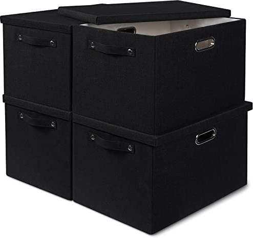 4x24L Storage Bins with Lids for Organizing-Decorative Storage Boxes with Lids Fabric Closet Storage Bin for Clothes Linen Storage Organizer Boxes Baskets Bedroom Storage and Organization-Black