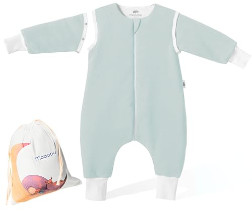 Mababu Året runt babysovsäck med fötter och avtagbara ärmar – 100 % GOTS ekologisk bomull – året runt barnsovsäck med fötter – vikbara manschetter, Havsgrön, 90 cm