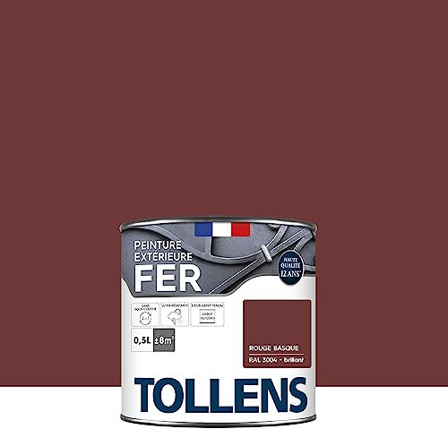 Tollens - Peinture extérieure fer 2 en 1 - Ultra Résistante - Protection antirouille - Laque Riche en Résine - Sans Sous-Couche - Entretien Facile - Satin - Rouge Basque - 0,5L = 8m2
