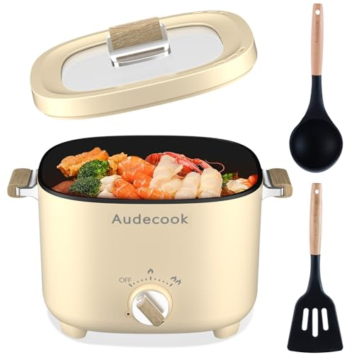 Audecook Elektrischer Hot Pot, 2.5L Tragbare Antihaft Multikocher, Mini Bratpfanne mit Dual Leistungssteuerung, Elektrischer Reisetopf Wokpfanne für Steak/Pasta/Suppe/Ei/Haferflocken (Beige)