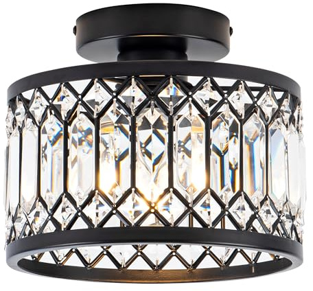 Rpzloila Crystal Ceiling Light Fixture, Modern Semi Flush Mount Ceiling Light,Crystal Chandelier for Kitchen Bedroom Bathroom Entryway Black (Bulb not Included)