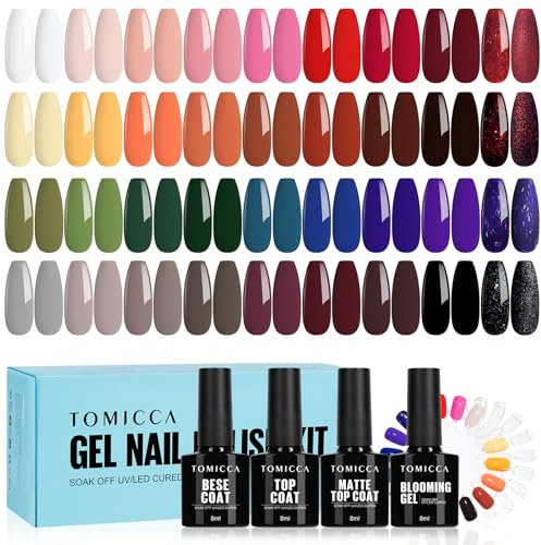 TOMICCA 40PCS Vernis Semi Permanent Kit, 36 Couleurs Rouge Noir Bleu Marron Vernis Gel & 4PCS Base Top Coat Set avec Blooming Gel & Rond Nail Tip Exposition, pour les studios de manucure et de bricola