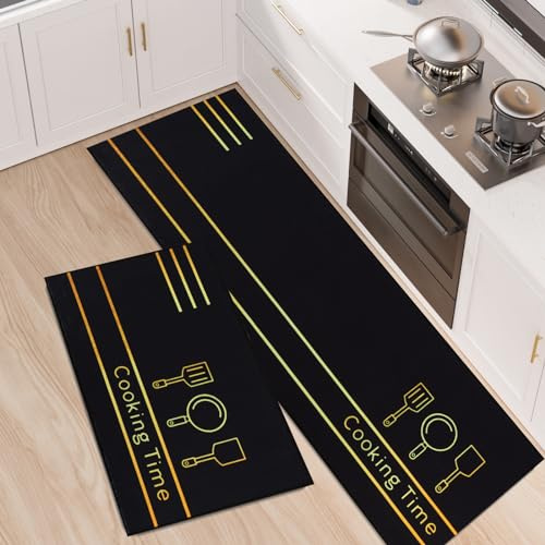 LY4U Alfombras de Cocina Antideslizantes y Lavables, 2 Juegos de Alfombras de Cocina Absorbentes de Agua, Zapatos de Carrera de Cocina 43x75 + 43x120cm, Negro