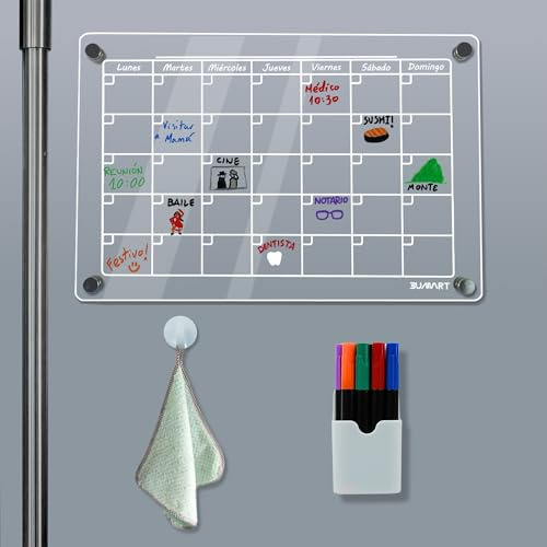 BuMart - Calendario para nevera magnetico - Calendario Magnético Mensual + Accesorios para tu frigorífico | Transparente | Pizarra nevera | Castellano