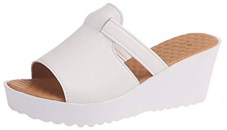 Women's Summer Mules with Heel Wedge Sandals Women's White Platform Sandals Wide H Sandals Thick Sole Sandals Without Heel Sandals Women's Shoes / Summer Shoes / Beach Sandals / Flip Flop, White, 6 UK