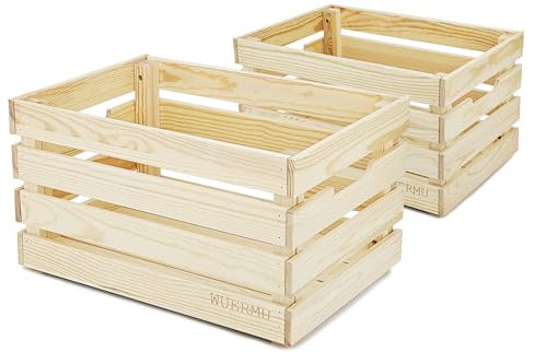 WUERMU Cassetta Decorativa in Legno Naturale 2 Pezzi (Per Frutta, Mele, Vino, Mobile, Contenitore, Regalo) 45 x 31 x 25 cm