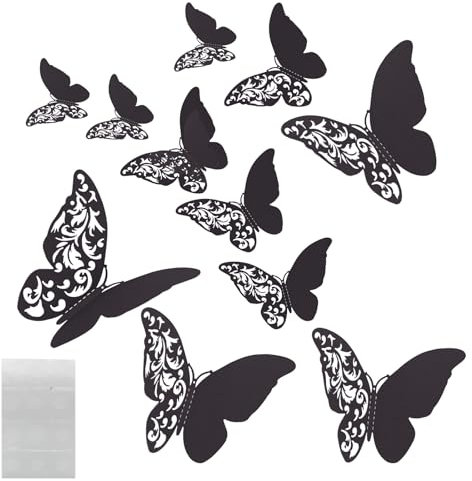 MultiValue 3D Schmetterlinge Deko, 12 Stück Schmetterling Wanddeko mit Kleber 3 Größe 3D Schmetterling Gartendekoration Wand Deko für Hochzeit Party Balkon Wand (12, Schwarz)