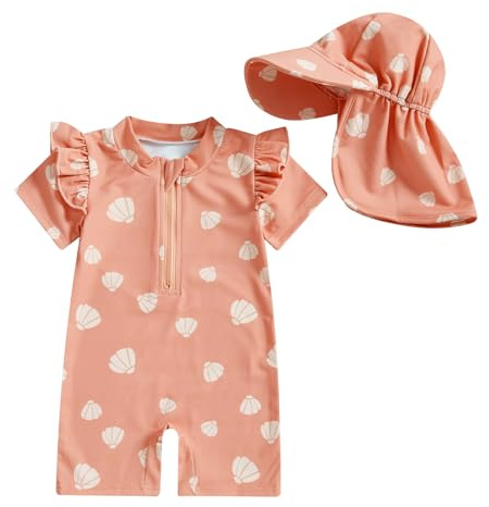 Geagodelia Baby Girl Swimming Toddler Girl One Piece Swimsuit Short Sleeve Bathing Suit Wetsuit Rashguard Summer Swimwear Sun Hat (Pink, 12-18 Months)