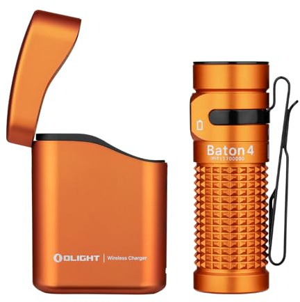 OLIGHT Baton4 Premium Edition Pocket EDC Torch Rechargeable, Orange | 1300 Lumens, with Type-C Charging Box, Extended Runtime, IPX8 Waterproof, Mini Flashlight for Home, Camping, Hiking,Emergency