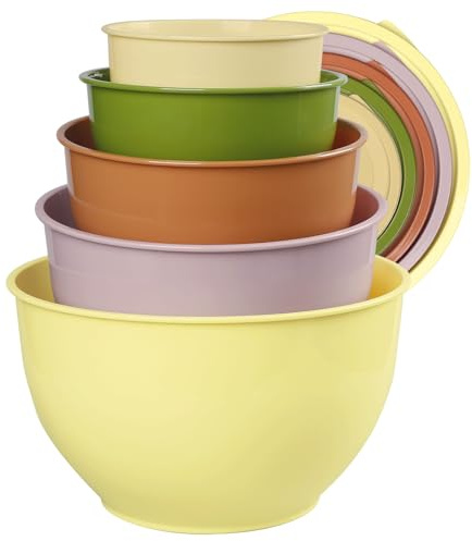 Greentainer Set di 5 ciotole in plastica con coperchi, ciotole impilabili per preparare, servire, cucinare e cuocere, grandi insalatiere per mescolare la cucina, lavabili in lavastoviglie e adatte al