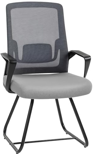 HOMCOM Desk Chair No Wheels, Meeting Office Chair with Mesh Back, Lumbar Support, Metal Base and Armrests for Reception, Waiting Room, Conference Room, Dark Grey