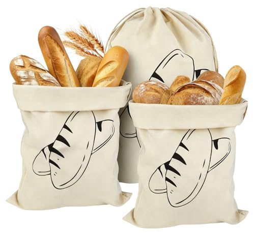JJYHEHOT 3 Pezzi Sacchetto Pane in Lino, Sacchetti per Pane Riutilizzabile, Brotbeutel con Coulisse, Borsa a Baguette per Prodotti da Forno, Frutta e Verdura (30 x 40cm)