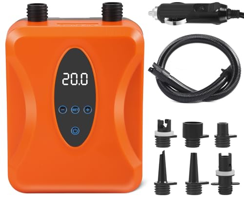 Paddle Board Pump Portable Electric Air Pump with 6 Nozzles and LED Light Digital Adjustable LCD Function for Paddleboard, Inflatable Kayaks and Tents