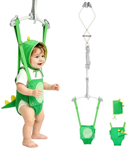 FUNLIO Baby Türhopser für 6–24 Monate (mit Türklemme), Baby Jumper mit starker Feder/verstellbarem Riemen, einfach zu montieren und zu lagern Baby Hopser, Tragfähigkeit 18 kg – Grünen Dinosaurier