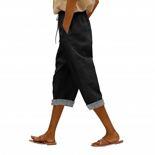 Pantaloni Lino Donna 3/4 Pantaloncini Donna Estivi in Cotone e Lino Leggeri Vita Alta con Coulisse ed Elastico, Shorts Bermuda Larghi Eleganti con Tasche Casual per Spiaggia Sport e Tempo Libero