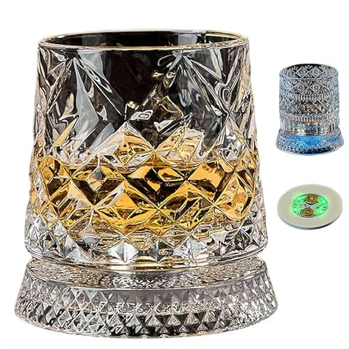 Bicchiere da whisky rotante, bicchiere da cocktail con luce a LED, girevole a 360 gradi, in cristallo, stile retrò, con funzione antistress, accessori da bar